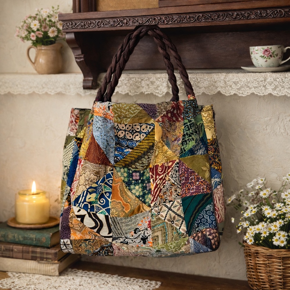Large Quilted Bag with woven brown handle
